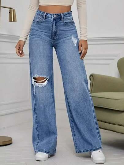 High-Quality Casual Distressed Pocket Design Wide Leg Jeans Spring