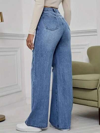 High-Quality Casual Distressed Pocket Design Wide Leg Jeans Spring