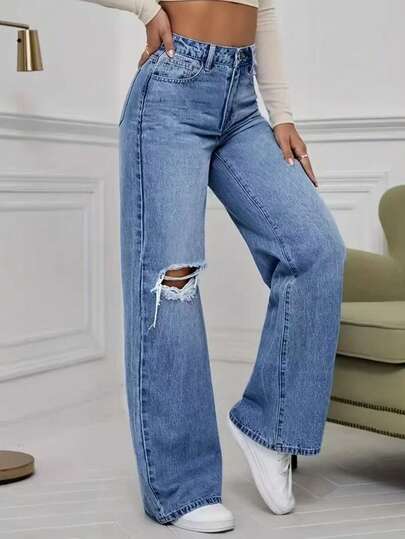 High-Quality Casual Distressed Pocket Design Wide Leg Jeans Spring