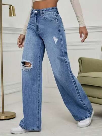 High-Quality Casual Distressed Pocket Design Wide Leg Jeans Spring