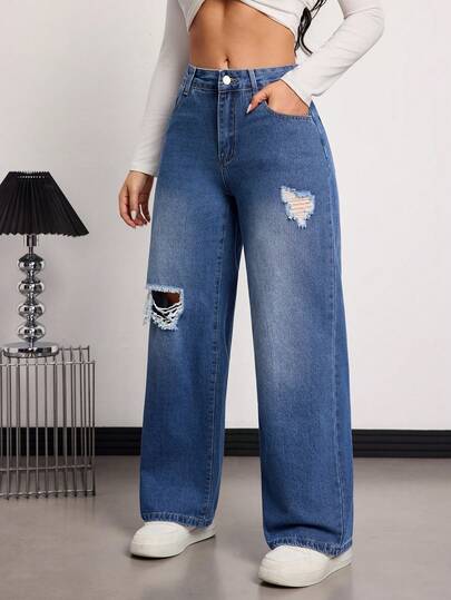High-Quality Casual Distressed Pocket Design Wide Leg Jeans Spring
