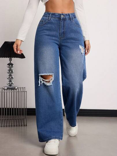 High-Quality Casual Distressed Pocket Design Wide Leg Jeans Spring