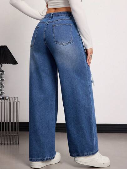 High-Quality Casual Distressed Pocket Design Wide Leg Jeans Spring