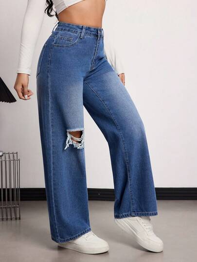 High-Quality Casual Distressed Pocket Design Wide Leg Jeans Spring