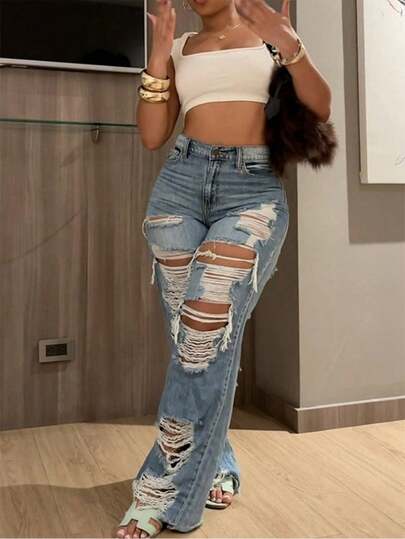 Women's Distressed Straight Leg Jeans - Frayed Ripped Denim Jeans, Vintage Streetwear Style