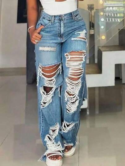 Women's Distressed Straight Leg Jeans - Frayed Ripped Denim Jeans, Vintage Streetwear Style