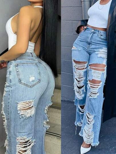 Women's Distressed Straight Leg Jeans - Frayed Ripped Denim Jeans, Vintage Streetwear Style